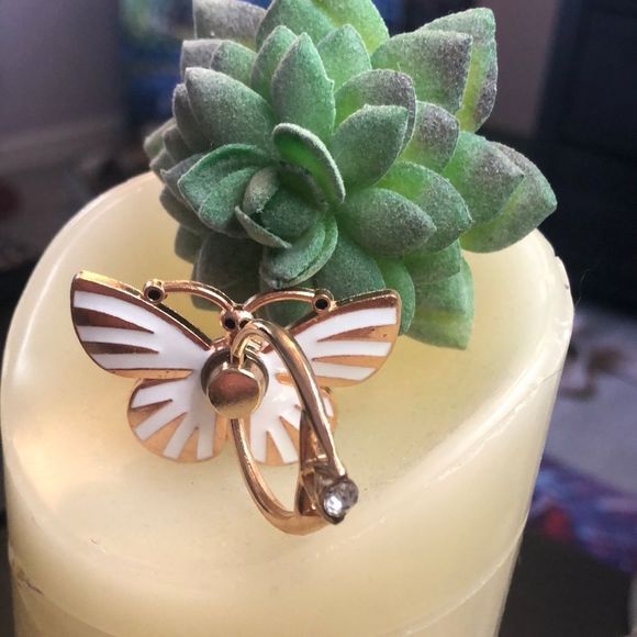 - #163 🤍Cell Phone Ring Stand Holder Grip White Striped Bling Butterfly🤍🦋 - Picture 3 of 17